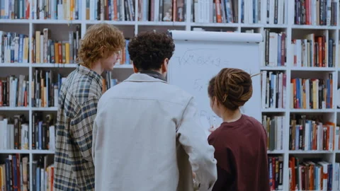 Collaborative Library Study Session with Girl Explaining Equation on Whiteboard Stockbeeldmateriaal 335127298