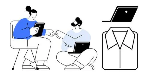 Collaborative Meeting Scene with Digital Devices and Formal Wear Concept Stock Illustration