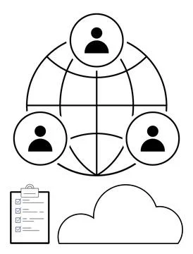 Collaborative Networking Concept with Human Icons, Cloud Storage, and Checkli Ilustración de archivo