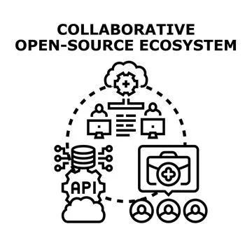Collaborative open source ecosystem developing software together Stock Illustration
