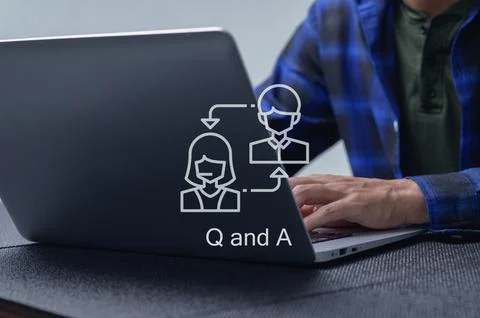 Collaborative Question and Answer Session with Laptop and Icons Stock Photos