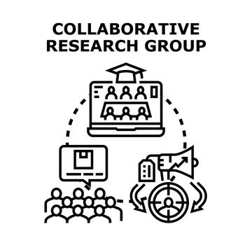 Collaborative research group engaging in remote online learning, sharing know Stock Illustration