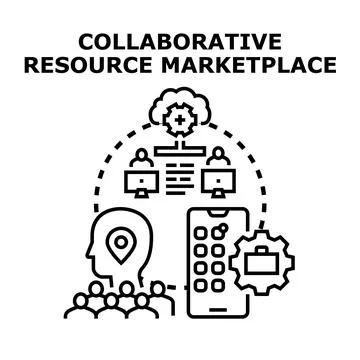 Collaborative resource marketplace concept connecting users and services Illustrazione stock