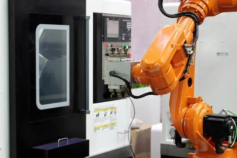Collaborative robot and CNC machining center Stock Photos