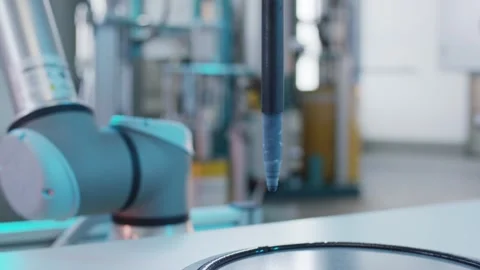 Collaborative Robot Arm Handling Metal Part, Automated Production Line, Close Up Stock-Footage 340358923