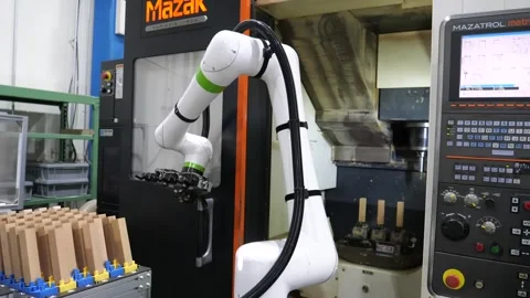 Collaborative Robot Arm Tending a CNC Machine in a Factory Stock Footage 340900217