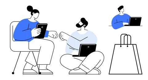 Collaborative team working on laptops and tablets, exchanging ideas, sitting  Illustrazione stock