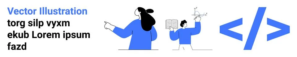 Collaborative Team Working on a Project with Coding Symbols and Text Elements Illustrazione stock