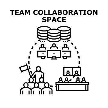 Collaborative team working in shared space with database Stock Illustration