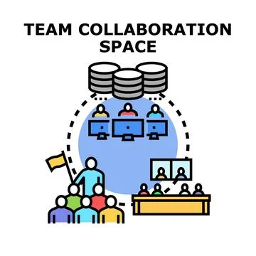 Collaborative team working in shared space with database Stock Illustration