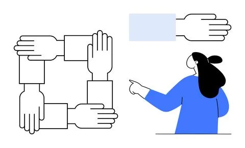 Collaborative Teamwork and Guidance with Linked Hands and Person Pointing 库存插图