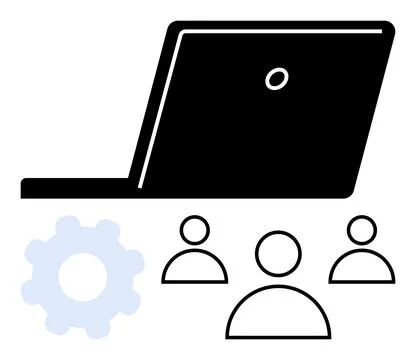 Collaborative Teamwork and Tech Innovation Concept with Laptop and Gear Icon Illustrazione stock