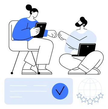 Collaborative Teamwork Between Two Colleagues Using Tablets and Laptops in .. イラスト素材