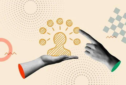Collaborative teamwork icon and human hands in retro collage vector illustr.. Stock Illustration