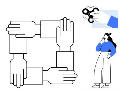 Collaborative Teamwork, Problem-Solving and Innovation with Fidget Spinner .. Stock Illustration