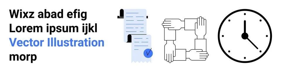 Collaborative Teamwork, Time Management, and Document Verification Elements Illustrazione stock