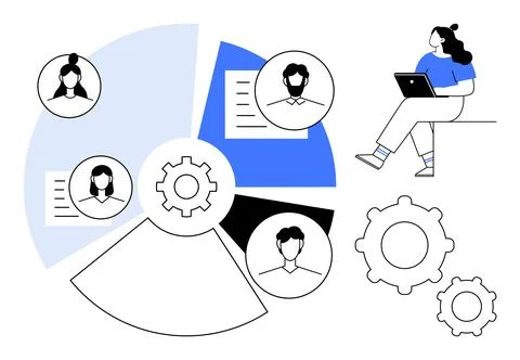 Collaborative Teamwork Visualization with Pie Chart, Gears, and Remote Work.. Illustrazione stock