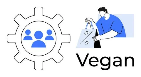 Collaborative Vegan Shopping Concept with Team and Individual Holding Disco.. Stock Illustration