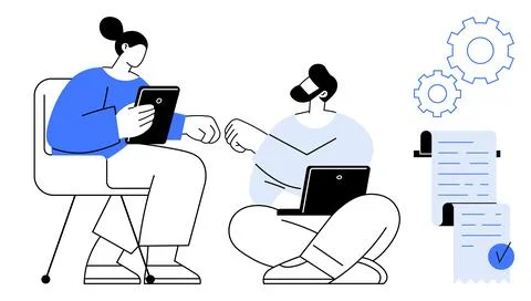 Collaborative Work Process with Digital Devices and Task Management Checklist Stock Illustration