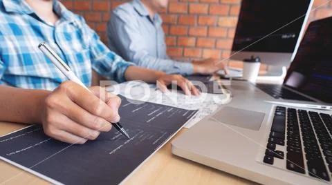 Collaborative work Software engineers website developer technologies or progr Stock Photos