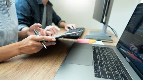 Collaborative work Software engineers website developer technologies or progr Stockfoto's