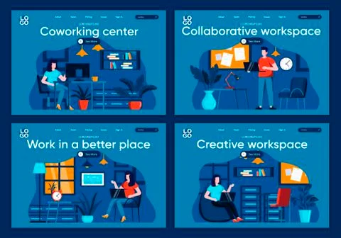 Collaborative workspace flat landing pages set. Stockillustratie