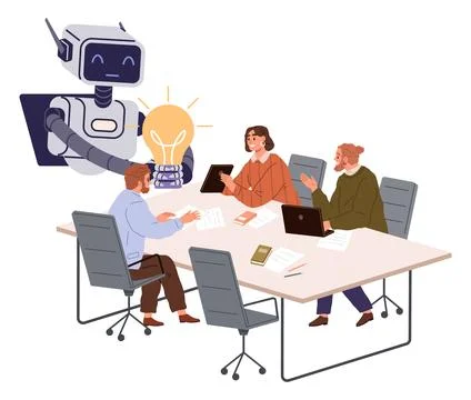 Collaborative Workspace with Robot Suggesting Ideas to Office Workers Stock Illustration