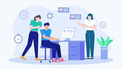 Collaborative workspace with team members focusing on data analysis illustration Stock Footage 281714385