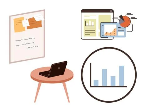 Collaborative Workspace Tools with Charts, Laptop, and Information Dashboard Stockillustratie