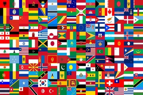 Collage of 180 national state flags in a 15x12 grid arranged in alphabetica.. Stock Illustration