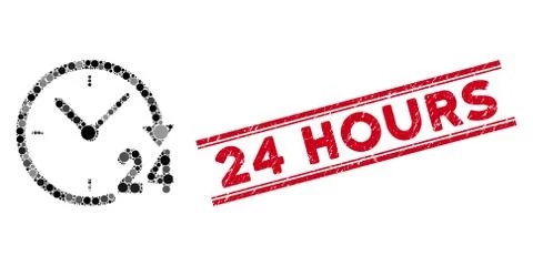 Collage 24 Hours Clock Icon with Textured 24 Hours Line Stamp Illustrazione stock