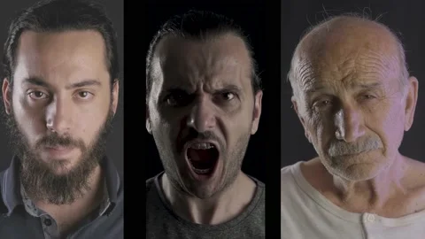 Collage of 3 angry man. Young, middle aged and old man is in upset, stress. N Stock Footage 139755023
