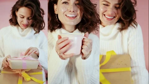 Collage of 3 vertical video. 2023 winter woman drinking coffee and holding Stock Footage 224056182
