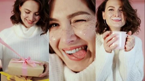 Collage of 3 vertical video. 2023 winter woman drinking coffee and holding Stock Footage 224057510