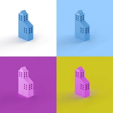 Collage of 3D rendered minimalistic building in four different vibrant colors Ilustración de archivo