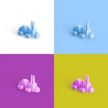 Collage of 3D rendered minimalistic industrial buildings in four different vibra Ilustração Stock