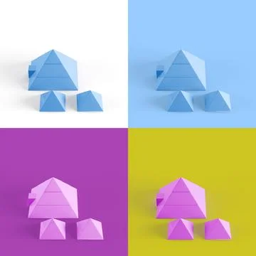 Collage of 3D rendered minimalistic pyramids in four different vibrant colors Ilustração Stock