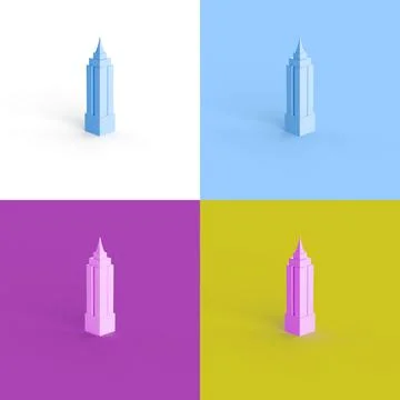 Collage of 3D rendered minimalistic skyscraper in four different vibrant colors Ilustração Stock