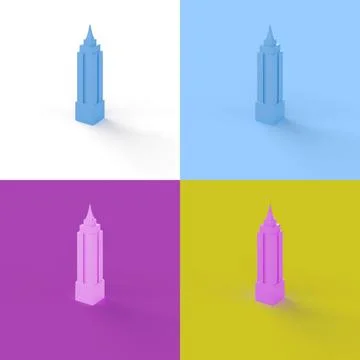 Collage of 3D rendered minimalistic skyscraper in four different vibrant colors Ilustração Stock