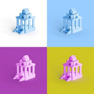 Collage of 3D rendered minimalistic temple in four different vibrant colors Ilustração Stock