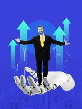 Collage with 3D robot hand lifting smiling man with raised arms and arrows Stock Photos