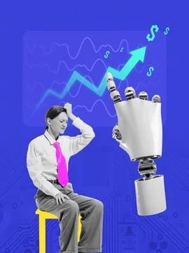 Collage with 3D robot hand pointing at growing chart with frustrated Foto stock