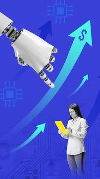 Collage with 3D robot hand reaching toward woman working on tablet, with Stock Photos