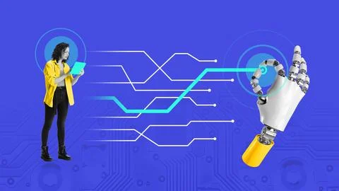 Collage with 3D robot hand touching chart interface, while woman working on Stock Photos