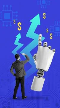 Collage with 3D robotic hand pointing at arrows with man looking at financial Stock Photos