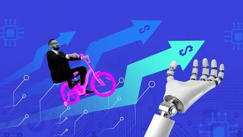 Collage of 3D robotic hand supporting man on bicycle, riding over rising arrows Stock Photos