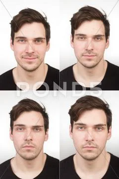 Collage (4 photos), young man, close up, for id/passport photo identification Stock Photos