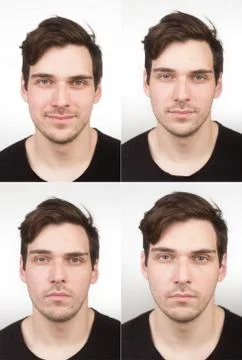 Collage (4 photos), young man, close up, for id/passport photo identification Stock Photos