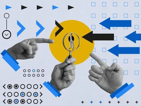 Collage about customer focus. The hand holds magnifying glass and a client. Stock Illustration