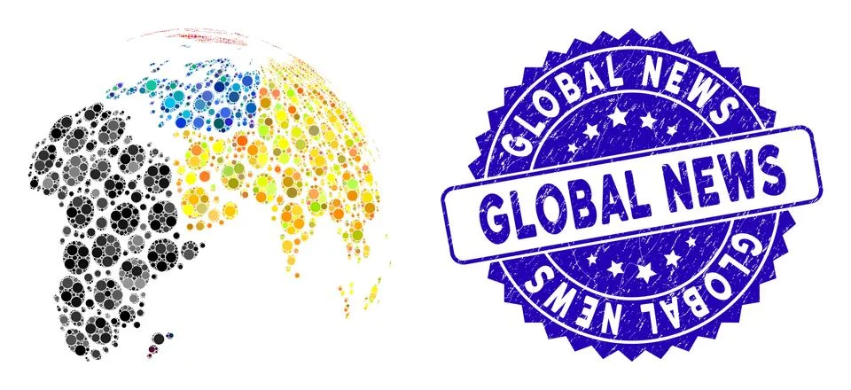 Collage Abstract Globe with Colored Dotted Continents Icon with Scratched Global Stock Illustration